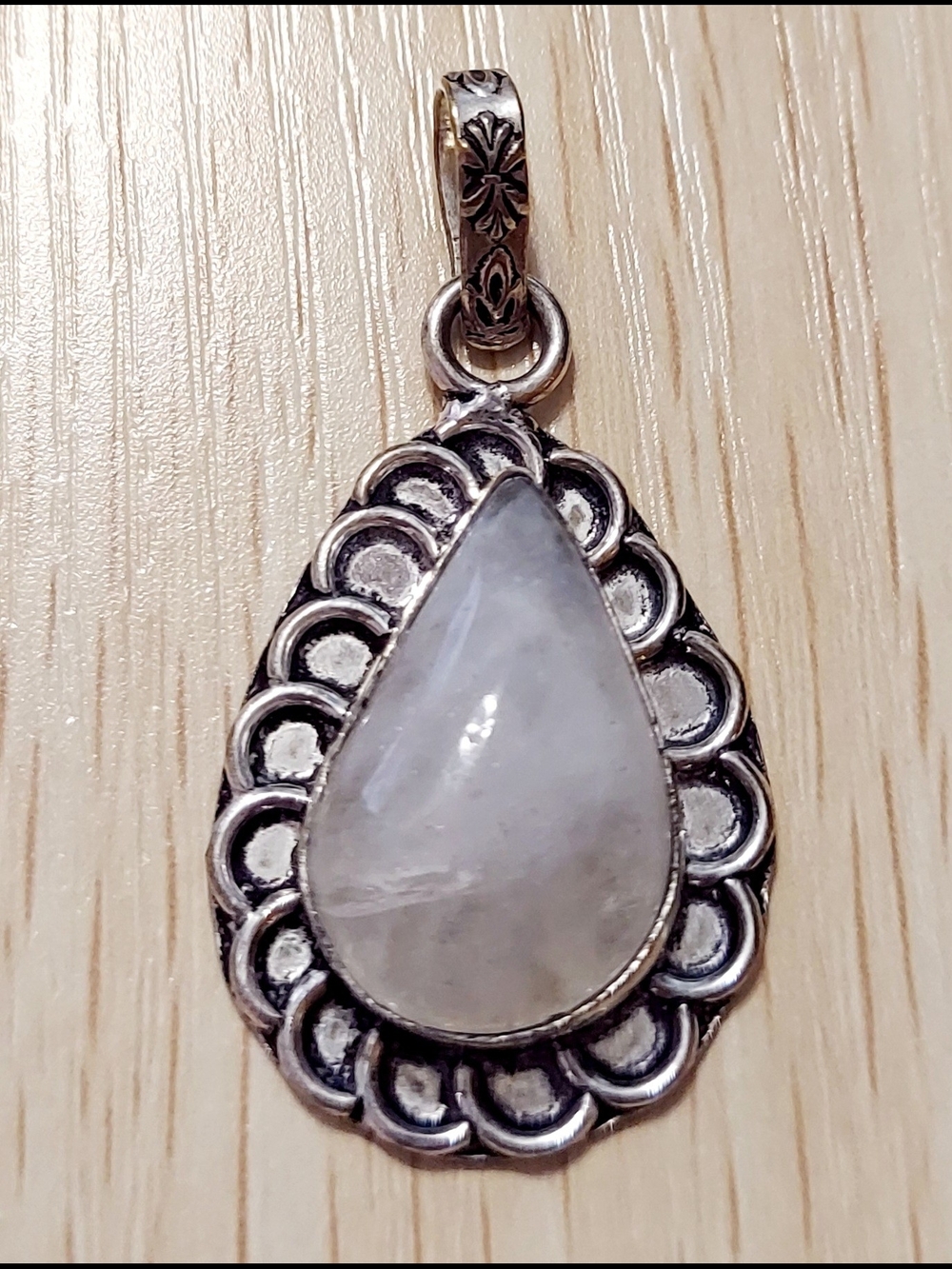 925 Sterling Silver Teardrop Pendant with White Moonstone Cabochon and Motifs